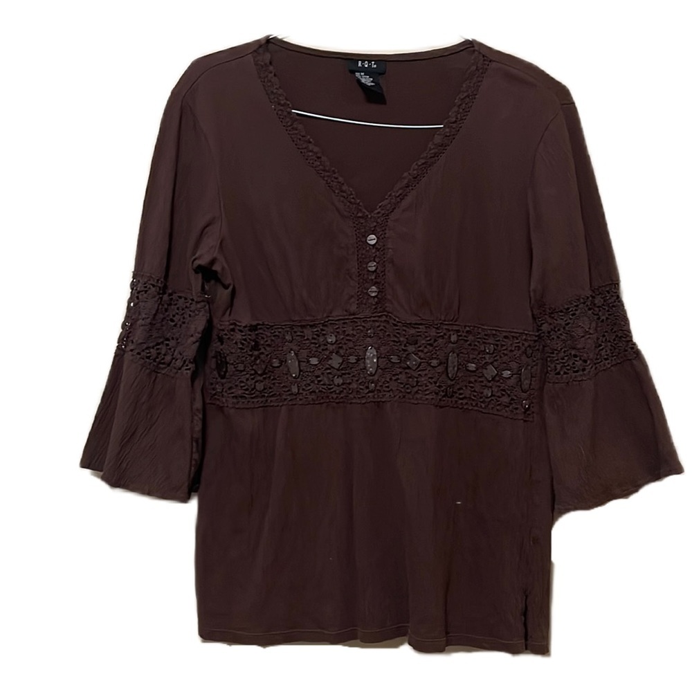 Women’s R.Q.T, V-Neck, Bell Sleeves, Lace Top, Dark Brown, Size Medium